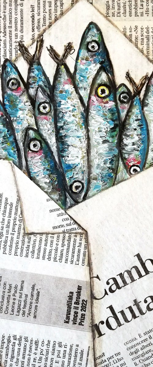 "Fishes in Newspaper Bag" Original Oil on Canvas Board Painting 7 by 10 inches (18x24 cm) by Katia Ricci