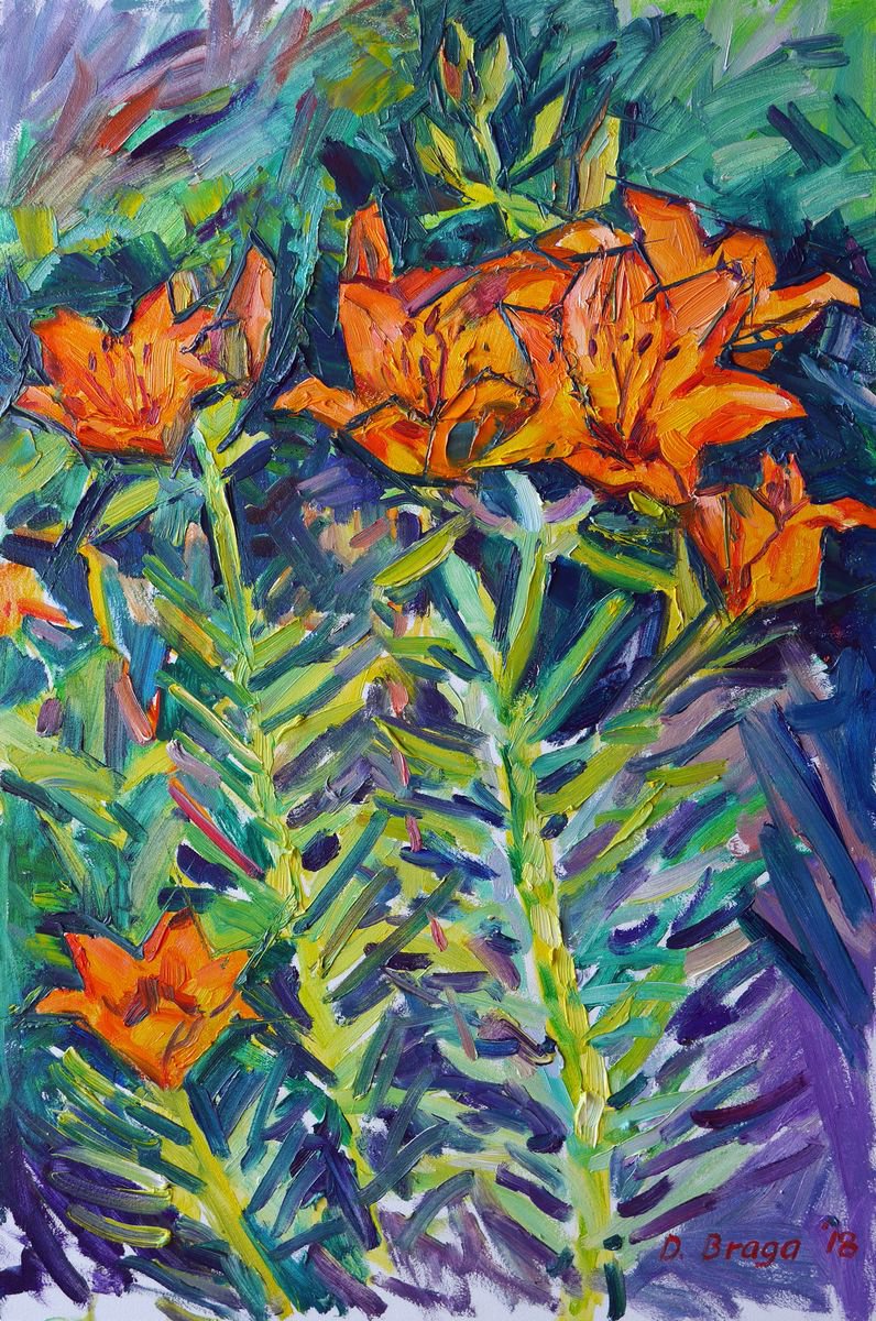 Impressionistic Botanical Oil Painting By Dima Braga, 16 X 24, Orange Lilies, Evening, Original Artwork