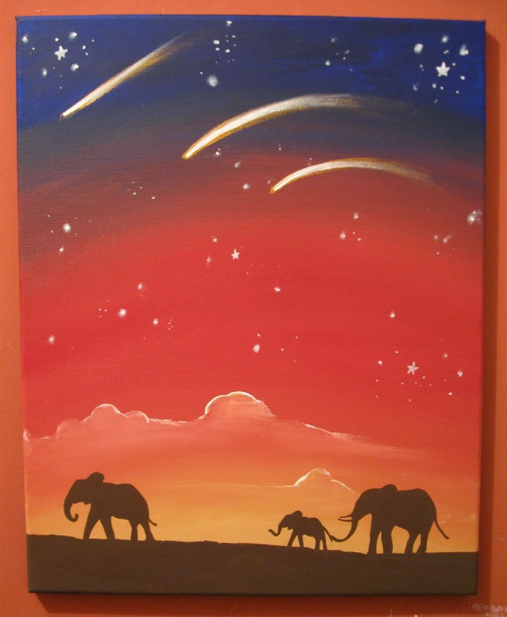 Impressionistic Animal Acrylic Painting By Stuart Wright, 16 X 20", Elephants Of The Sudan, Original Artwork