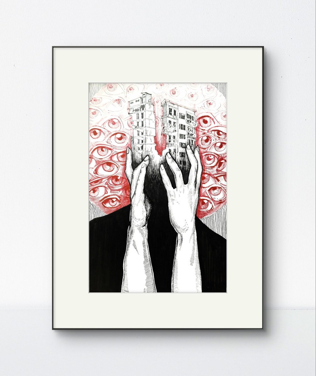 Graphic Abstract Ink Drawing By Dita Galas, 8 X 12, Witness Of Collapse, Original Artwork