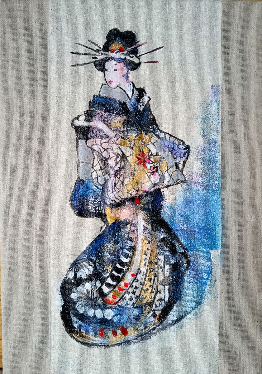 Expressive Portrait Acrylic Painting By Marina Del Pozo, 8 X 12", Scroll Gheisa 4, Original Artwork