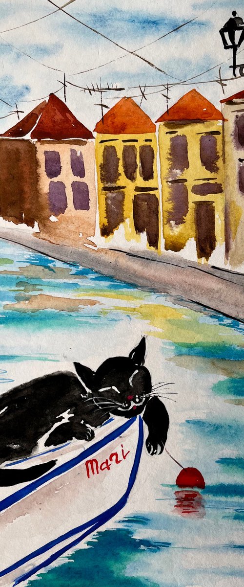 Amalfi Cat Painting by Halyna Kirichenko