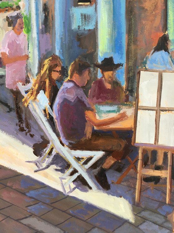 Cafe, people eating, cityscape oil painting
