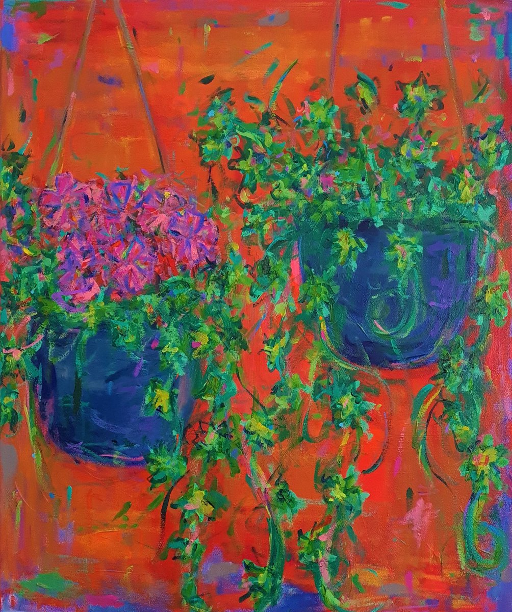 Impressionistic Still Life Acrylic Painting By Dawn Underwood, 20 X 24, Hanging Baskets, Original Artwork