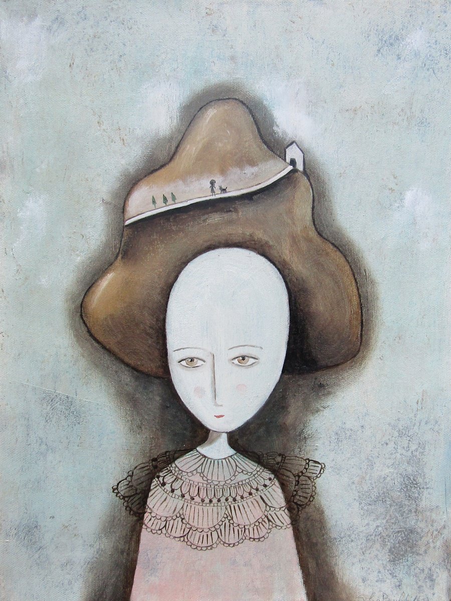 Illustrative Portrait Oil Painting By Silvia Beneforti, 12 X 16", Thinking About Home On Light Blue Background, Original Artwork