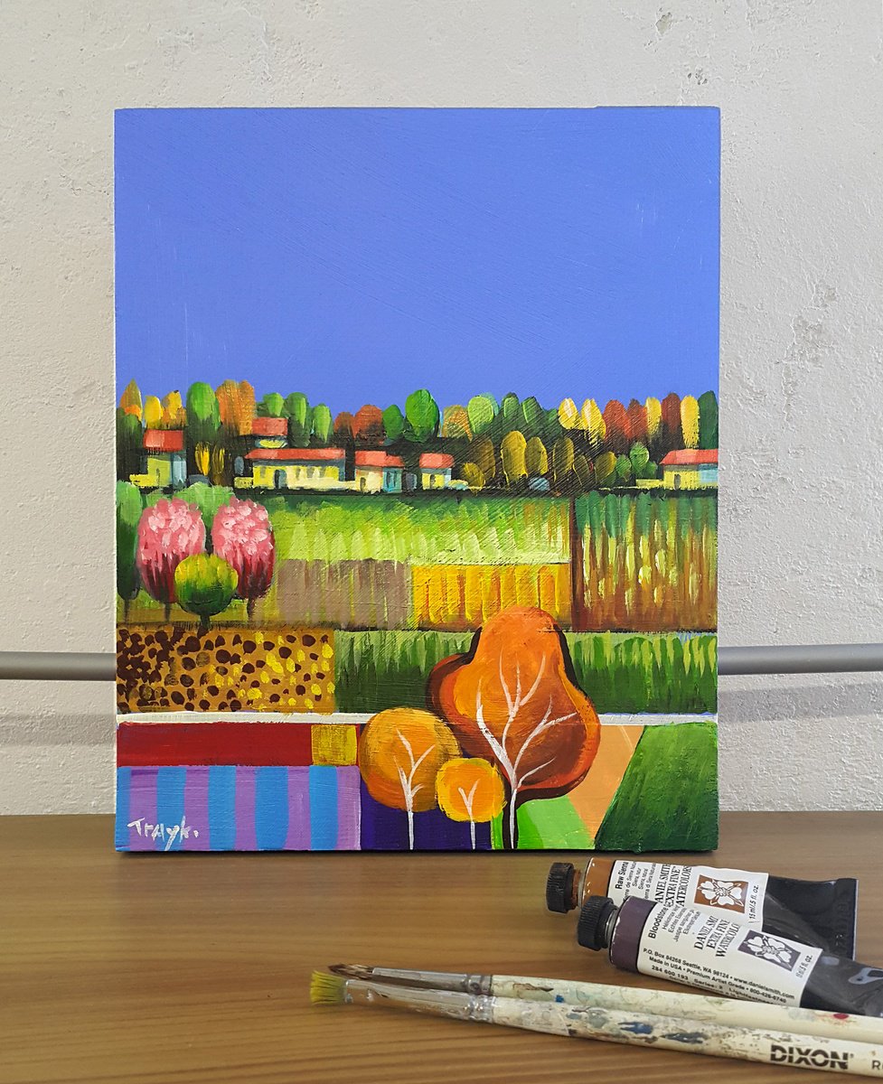 Impressionistic Landscape Acrylic Painting By Trayko Popov, 8 X 10", The Farm 2, Original Artwork