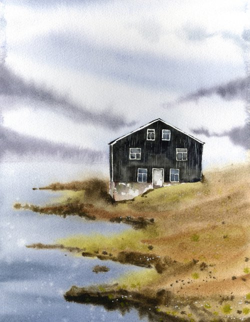 Scandinavian landscape with a house by the sea. by Evgeniya Mokeeva