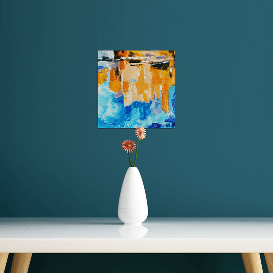 Reflections N 2, Abstract Painting Small Original Art Blue Orange Beige Artwork Multicolor Geometric Wall Art