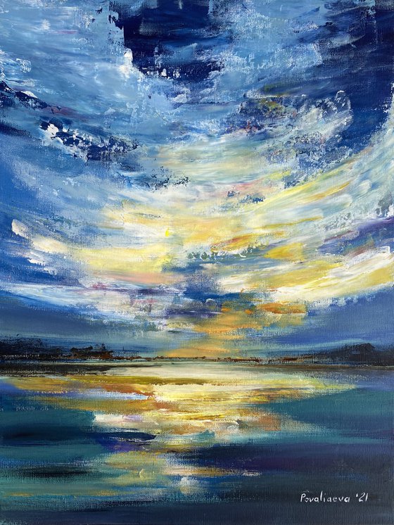 Sea  landscape painting, dawn at the sea acrilic abstraction, blue abstract artwork , sea and sky original art medium size