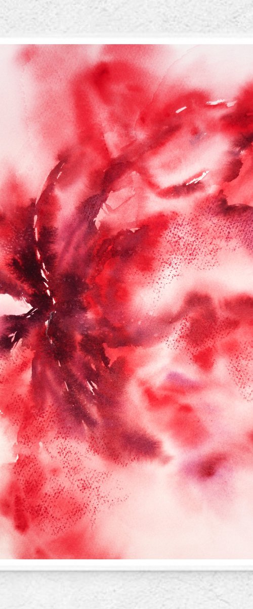 Red abstract flowers painting LOVE by Olga Grigo