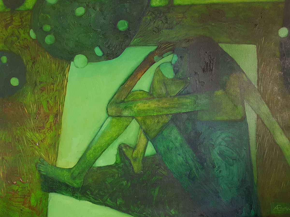 Surrealistic Portrait Oil Painting By Anna Bulkina, 37 X 28, Meditation In Green Dress, Original Artwork