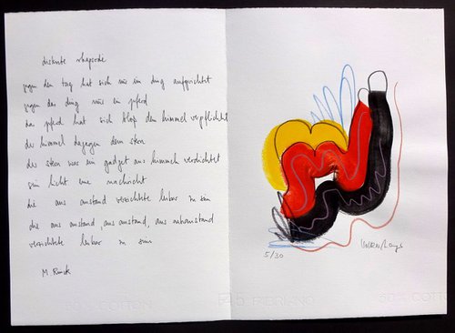 Monika Rinck: Diskrete Rhapsodie, variant 5 - handwritten poem and original gouache by Volker Mayr