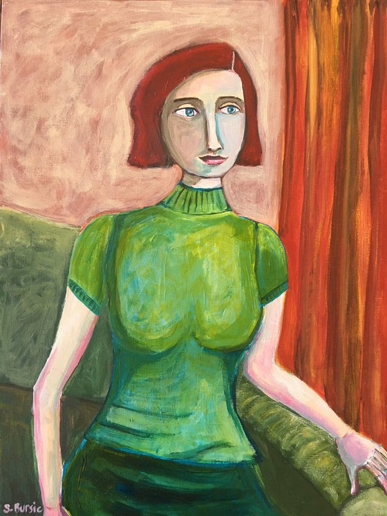 Vintage Seated Woman in Green