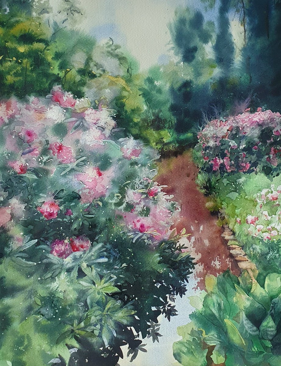 Impressionistic Landscape Watercolour By Sonata Art, 20 X 24", Peaceful River Of Blooms, Original Artwork