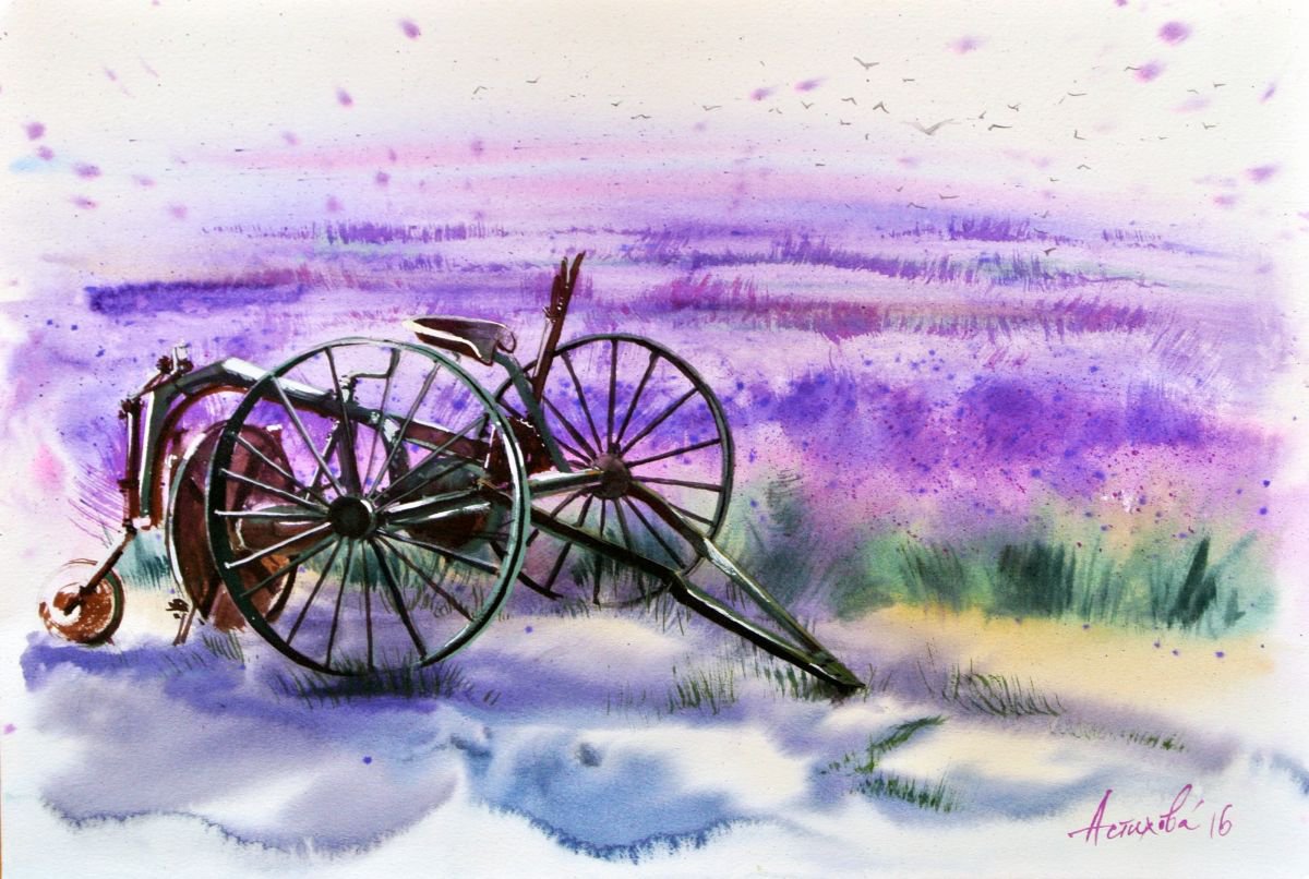 Impressionistic Landscape Watercolour By Ksenia Astakhova, 18 X 12", A Mower From Luberone, Original Artwork