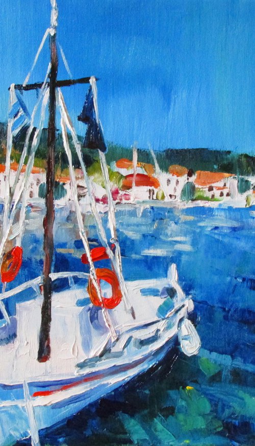 Boat in the harbor (framed) by Kateryna Bortsova