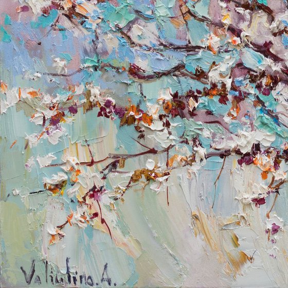 Flowering apricot tree Original oil painting