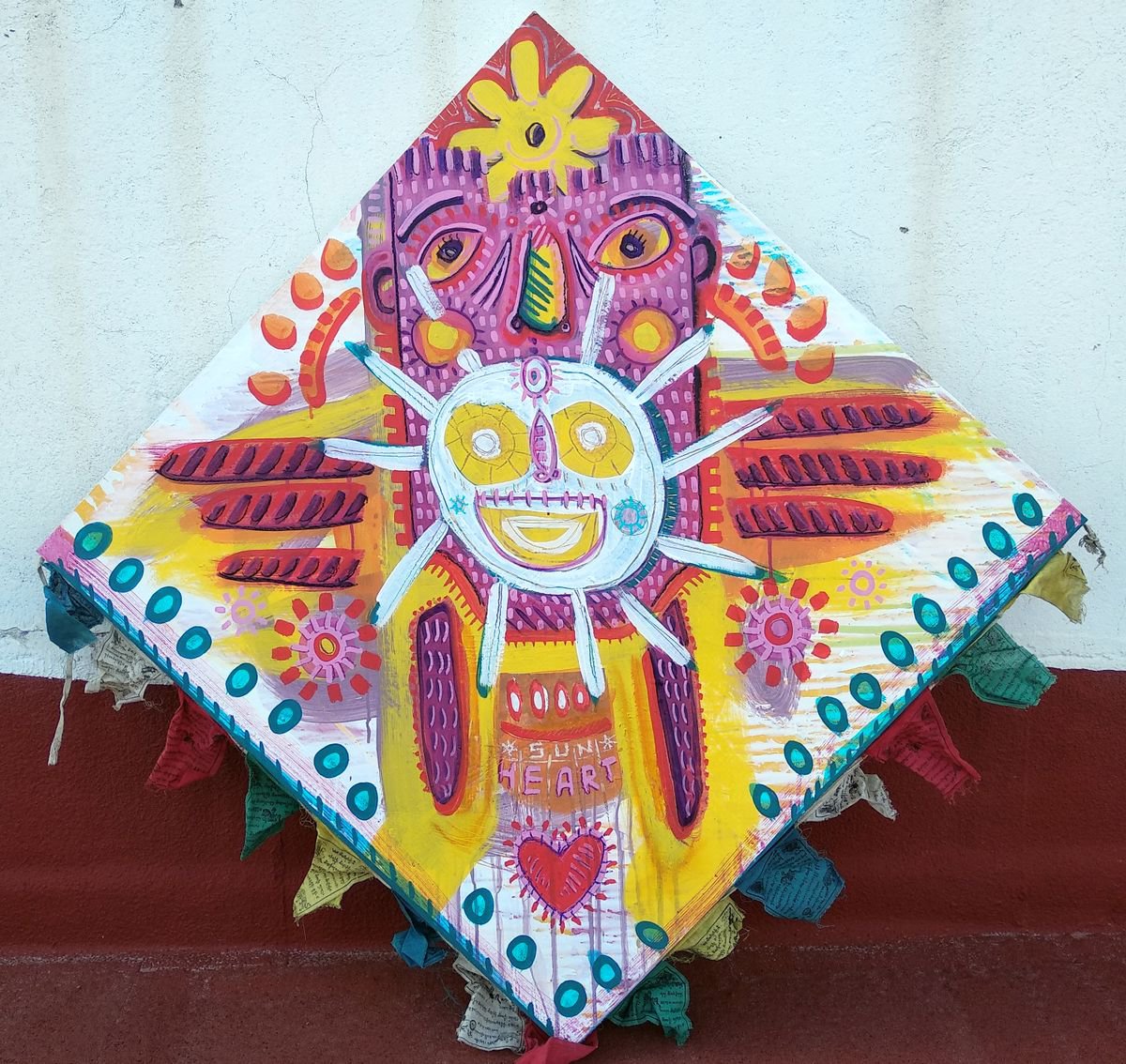 Expressive Portrait Acrylic Painting By Angel Rivas, 31 X 31, Sun Heart Shaman 80X80X4Cm, Original Artwork