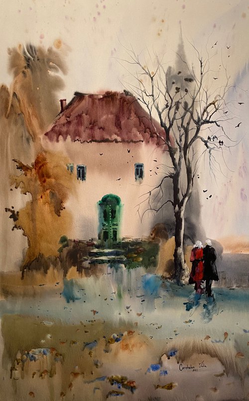 Watercolor “Old house, forever young Love” perfect gift by Iulia Carchelan