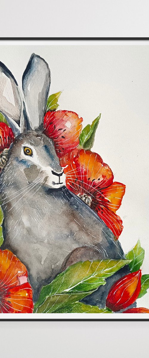 Rabbit with red flowers by Evgenia Smirnova