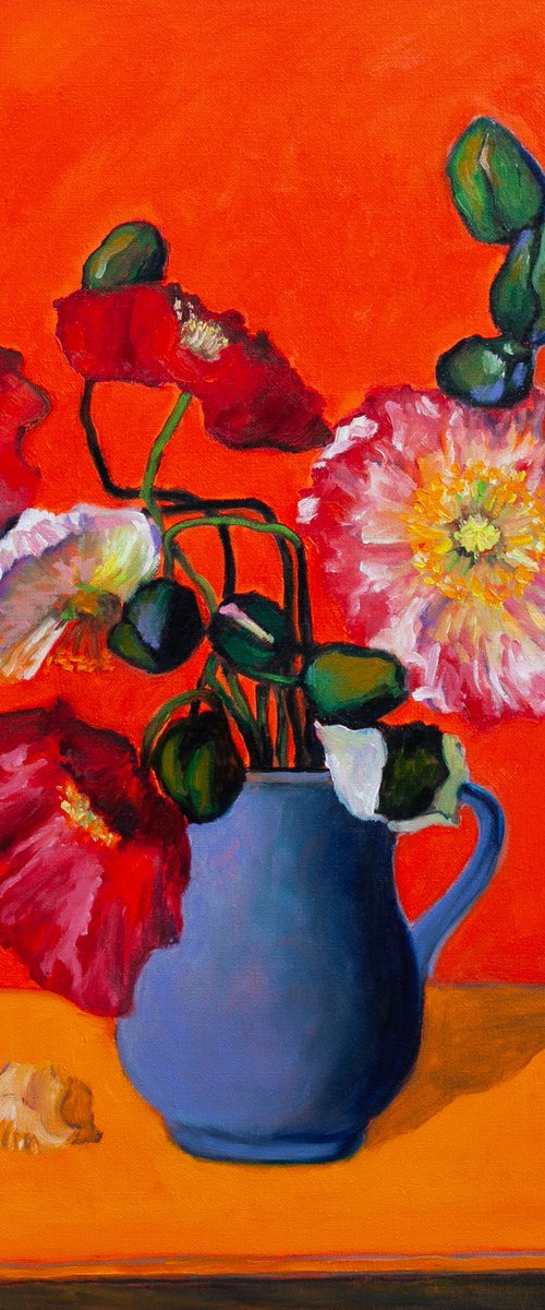 Poppies In A Blue Vase by Liudmila Pisliakova