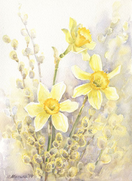 Spring mood. Daffodils and pussy willow / ORIGINAL watercolor 11x15in (28x38cm)