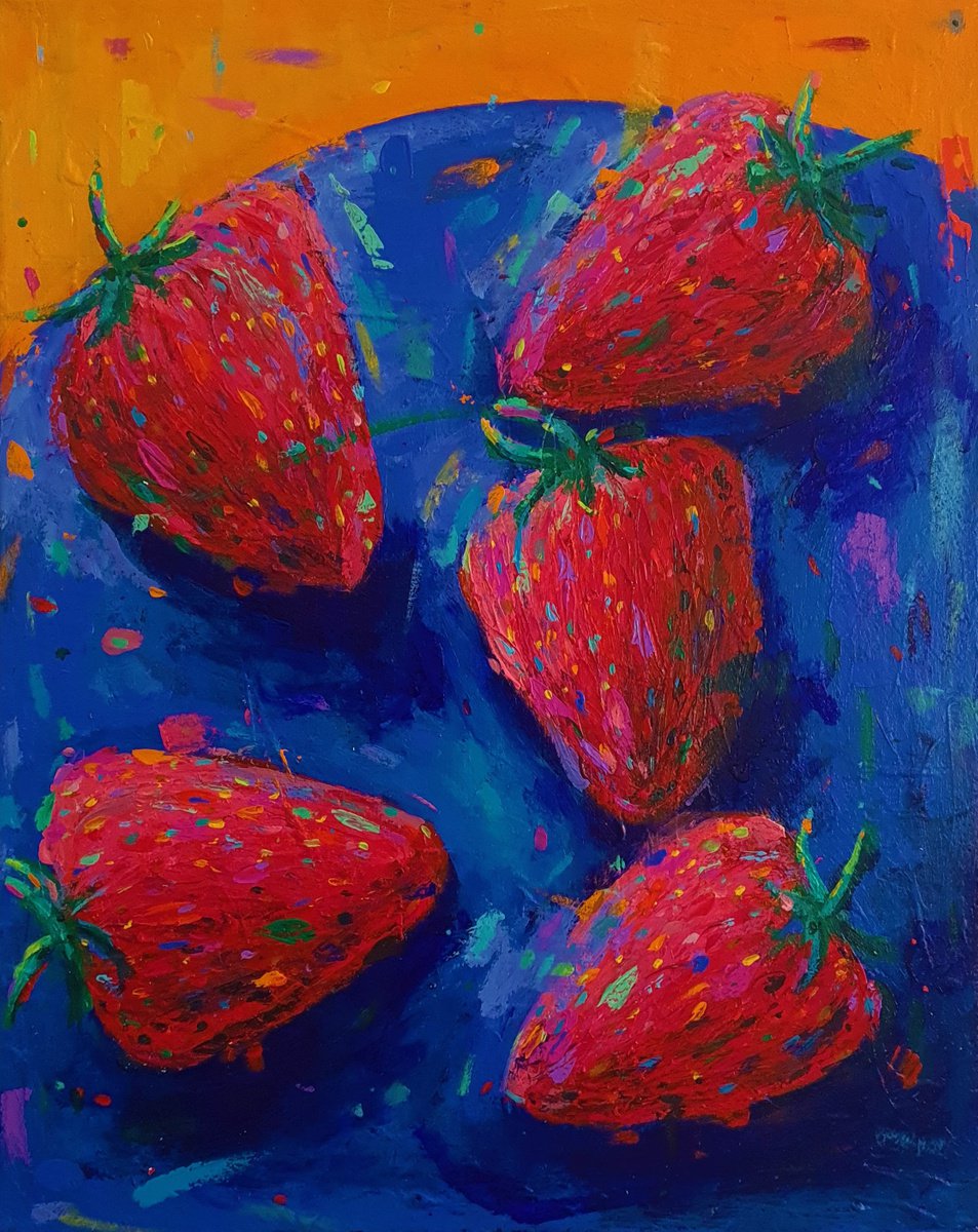 Impressionistic Still Life Acrylic Painting By Dawn Underwood, 16 X 20, Strawberries, Original Artwork