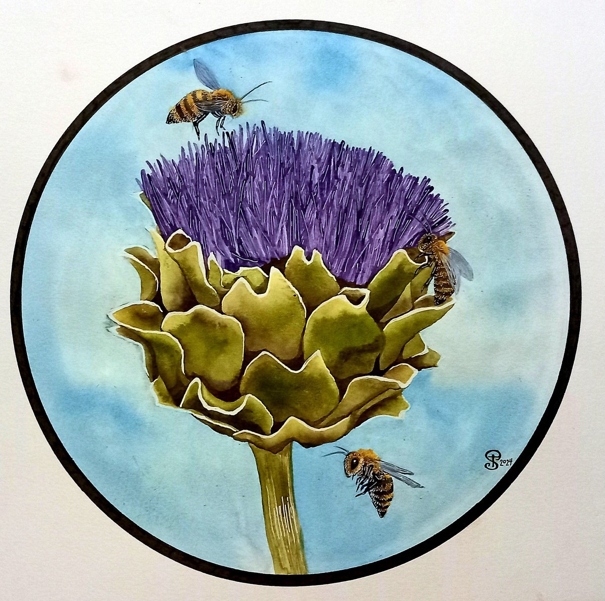 Illustrative Botanical Painting By Terri Smith, 16 X 16", Artichoke And Bumblebees, Original Artwork