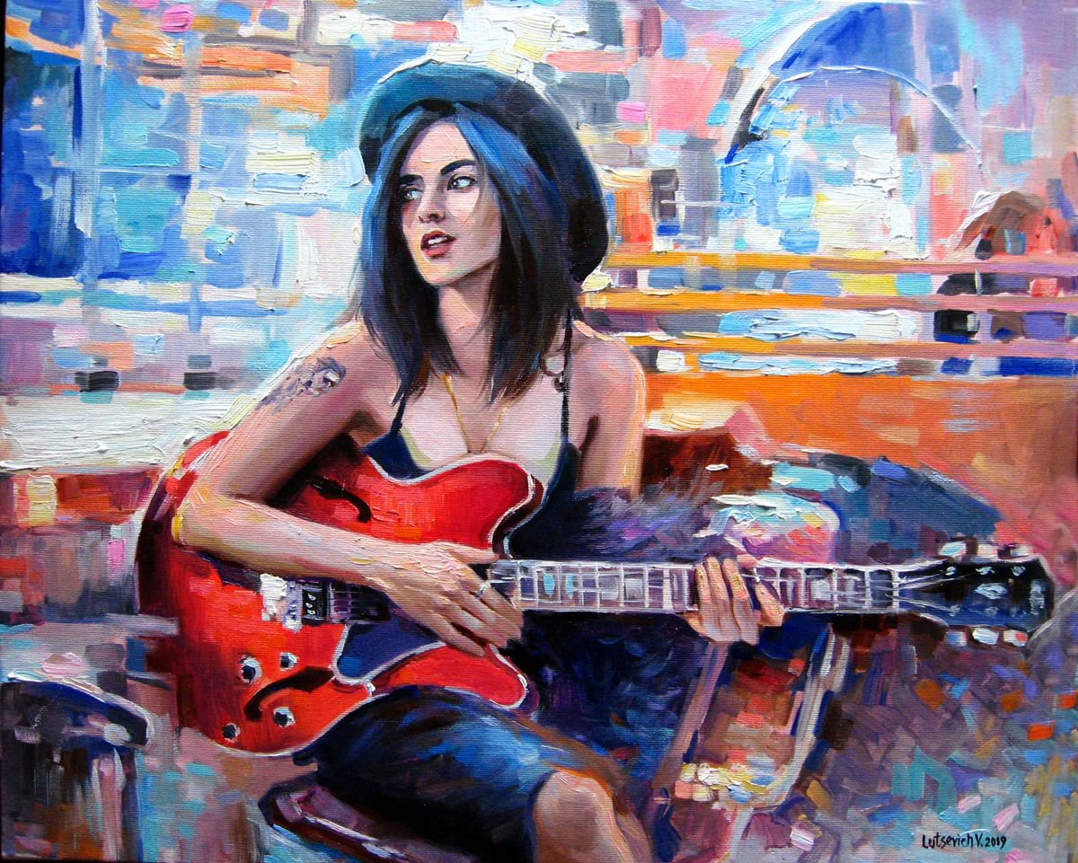 Impressionistic Portrait Oil Painting By Vladimir Lutsevich, 22 X 18", Melody Of Blue Lights, Original Artwork