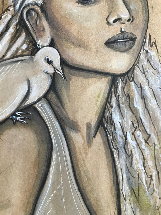 Modern art Zoe and dove mix media 39x54cm