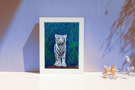 Tiger Original Oil Pastel Painting, Chinese New Year Gift, Animal Drawing, Impressionist Wall Art