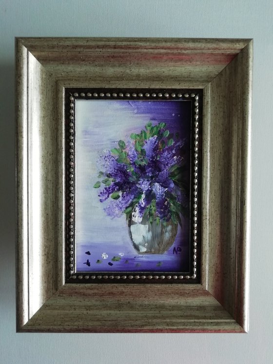 Lilac, small flower framed acrylic painting, original gift idea