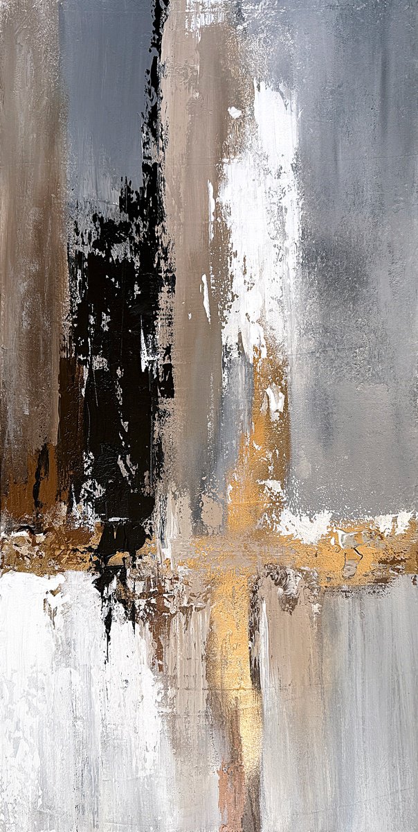 Expressive Abstract Acrylic Painting By Tatiana Malinovscaia, 16 X 31", Golden Reflections, Original Artwork