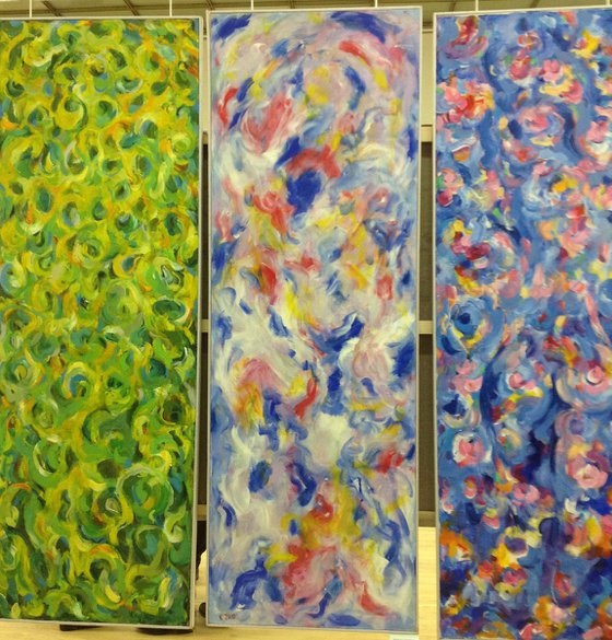 Abstract Triptych  Painting - Imagination Game Abstract Panel - Large Size - Acrylic Painting - Interior Art