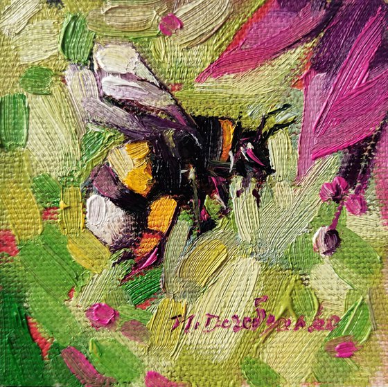 Bumble bee decorations painting original 3x3, Bumble bee art tiny painting, Green painting small framed gift for girlfriend