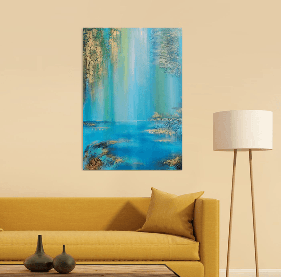 A XL large semi-abstract beautiful structured mixed media painting of a lake "Under the willow"