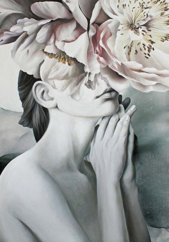 "Spring mood" Girl and flowers peony art