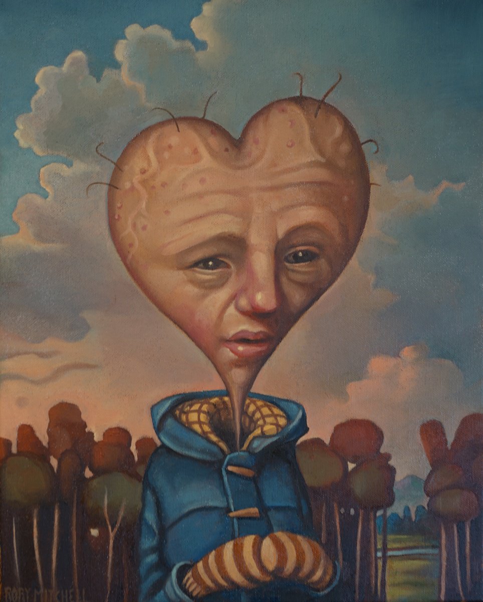 Surrealistic Portrait Oil Painting By Rory Mitchell, 13 X 16", I Went For A Walk Today, Original Artwork