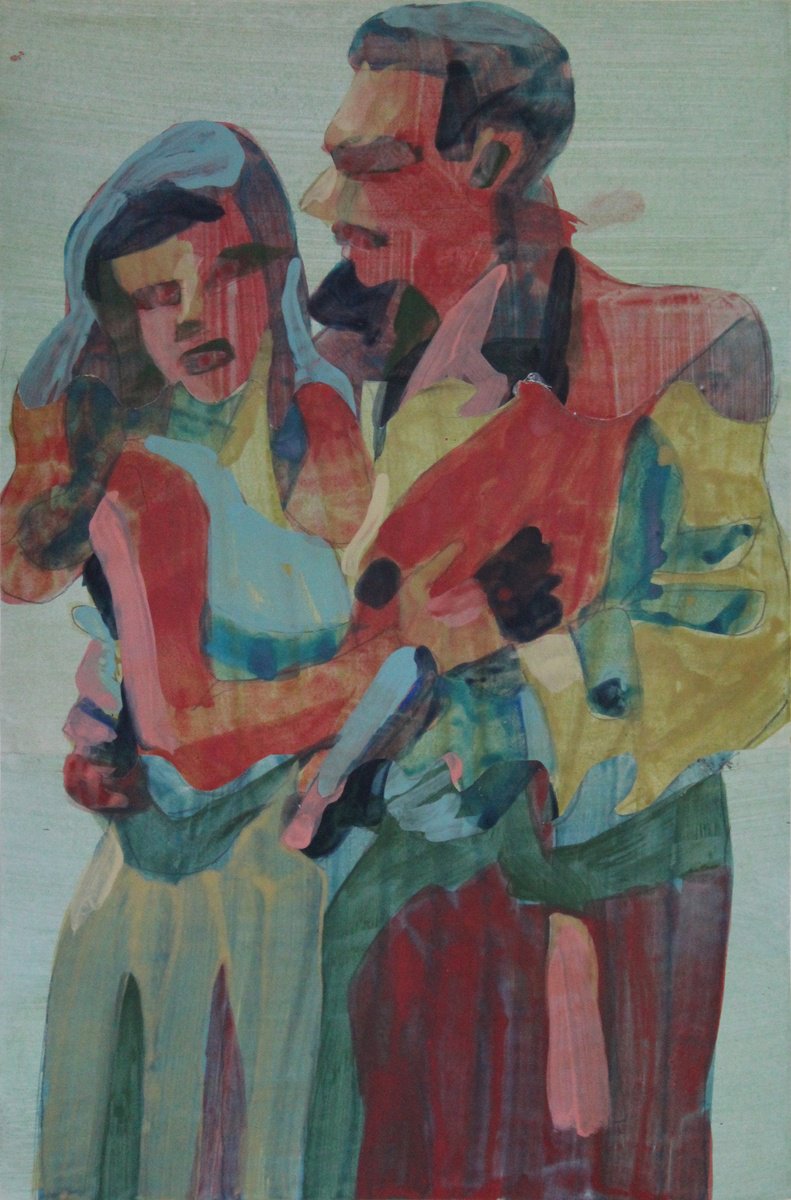 Expressive Portrait Acrylic Painting By Martin Singer, 17 X 25", Couple #2, Original Artwork