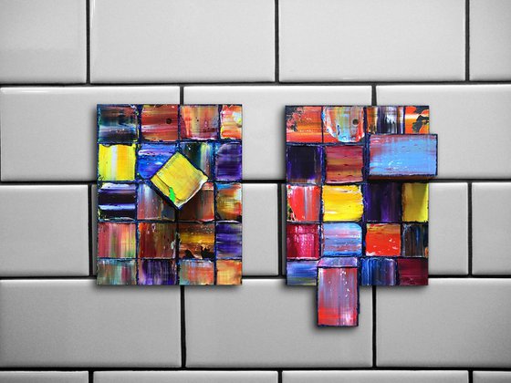 "We Just Fit" - FREE USA SHIPPING - Original Diptych PMS Mixed Media Sculptural Paintings On Wood, Framed - 16 x 11.5 inches