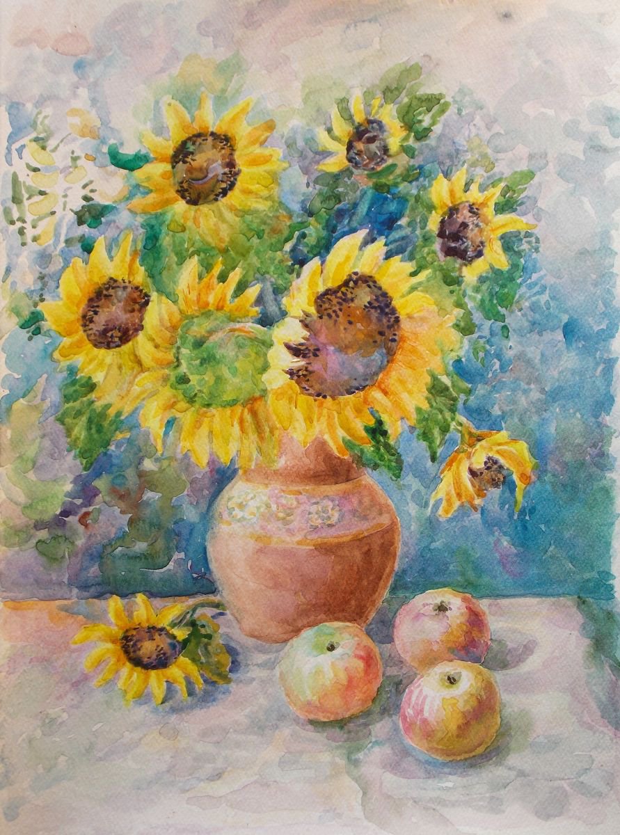 Sunflowers and apples by Yuryy Pashkov