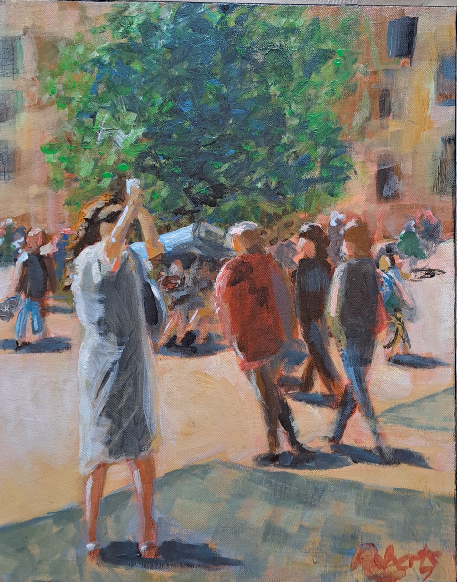 Tourists in piazza - Italian street scene by Rosalind Roberts