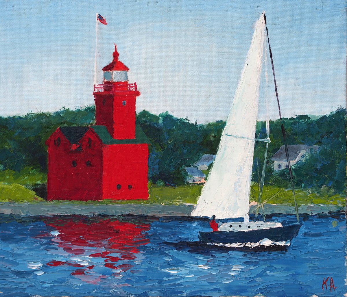 Impressionistic Landscape Oil Painting By Alfia Koral, 14 X 12, Red Lighthouse, Original Artwork