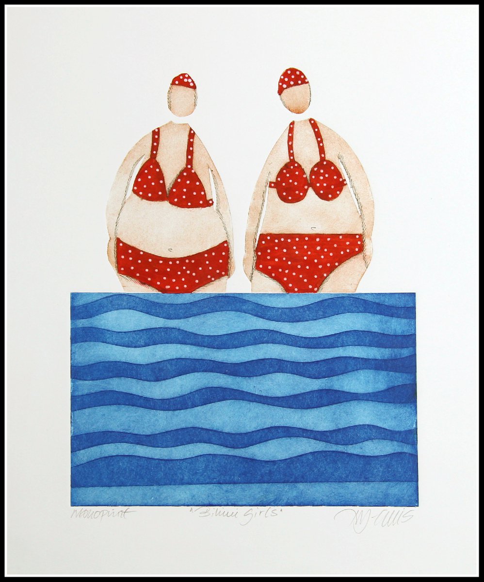 Polkadot red bikinis, collagraph mono print by Mariann Johansen-Ellis