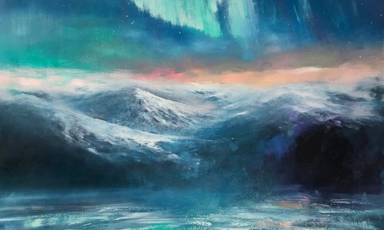 "Northern Lights.Aurora"100x100cm large original painting