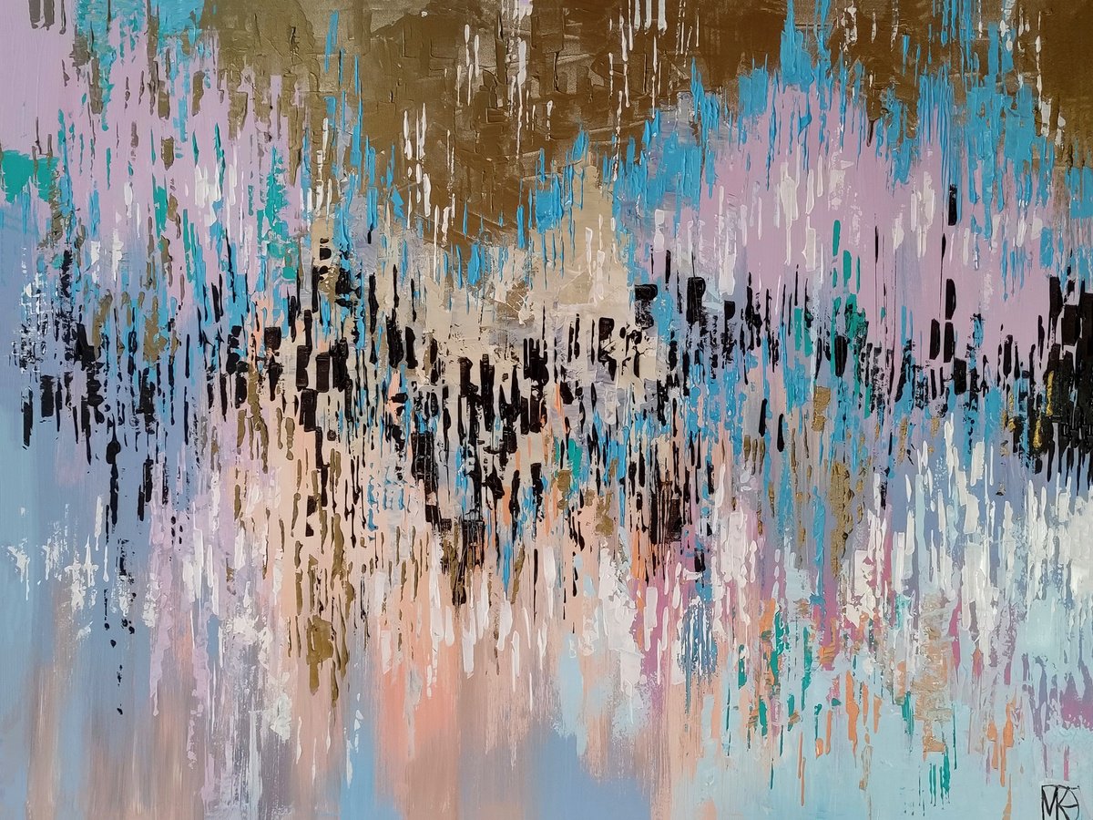 Impressionistic Abstract Acrylic Painting By Maria Kireev, 47 X 35", Golden Pastel City, Original Artwork