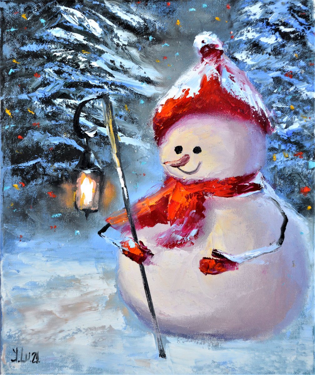 Impressionistic Landscape Oil Painting By Elena Lukina, 10 X 12, Snowman With A Flashlight, Original Artwork