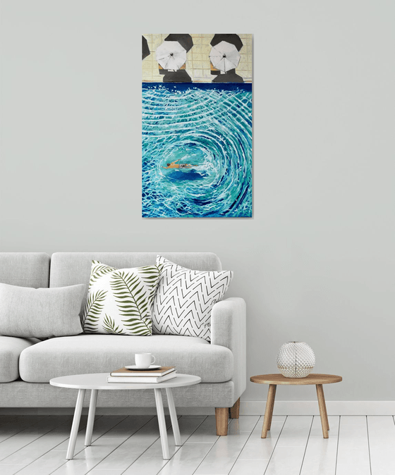 Large summer painting , pool art, swimming pool