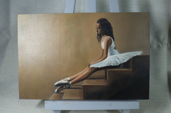 On the Steps, Ballerina Portrait, Girl, Ballet Painting Framed