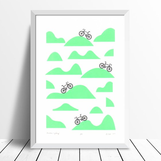 Mountain Cycling Screen Print A3 size in Retro Mint- Unframed - FREE Worldwide Delivery